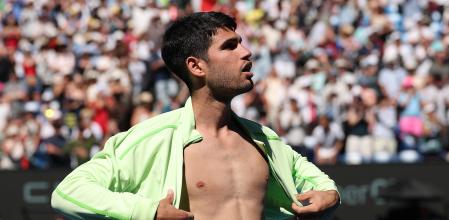MELBOURNE, AUSTRALIA - JANUARY 23: Carlos Alcaraz of Spain celebrates his victory against Corentin Moutet of France in the Men's Singles Third Round during day six of the 2026 Australian Open at Melbourne Park on January 23, 2026 in Melbourne, Australia. (Photo by Clive Brunskill/Getty Images)