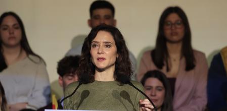 La presidenta de la Comunidad de Madrid, Isabel Díaz Ayuso, durante un mítin de la campaña electoral del PP en Aragón este domingo. Las elecciones autonómicas en Aragón se celebran el 8 de febrero&nbsp;