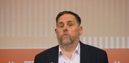 El presidente de Esquerra Republicana, Oriol Junqueras, en una rueda de prensa en la sede de su partido.