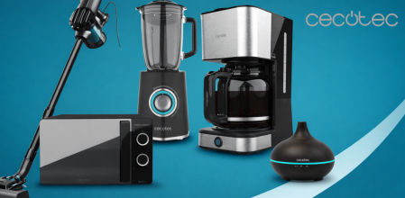 Imagen promocional de productos Cecotec con aspirador, microondas, batidora, cafetera y difusor sobre fondo azul.