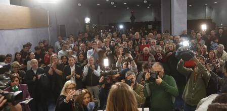 ZARAGOZA, 08/02/2026.- La candidata del PSOE a la Presidencia del Gobierno de Aragón, Pilar Alegría, durante la rueda de prensa en la sede regional del partido en Zaragoza , en la noche electoral de las elecciones autonómicas de Aragón. EFE/Javier Belver