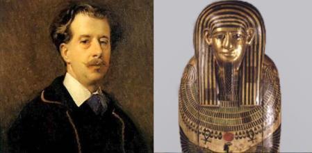 A la izquierda, Francisco Lameyer retratado por Raimundo Madrazo. A la derecha, el sarcófago de Taremetchenbastet.