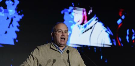 El secretario general del PP, Miguel Tellado, durante su intervención en elcongreso local del PP de Oviedo, este sábado&nbsp;