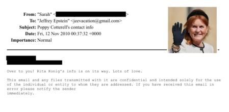Mail con los datos de contacto de Poppy Cotterell, ahijada de Sarah Ferguson (En la imagen recuadrada, la exduquesa de York)