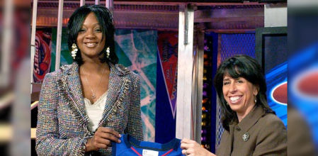 FILE - Kara Braxton, left, holds up a Detroit Shock jersey with WNBA President Donna Orender after the Shock selected her as their first round pick, seventh overall in the WNBA draft, April 16, 2005, in Secaucus, N.J.