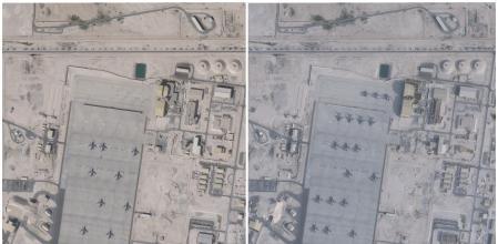 Las dos imágenes muestran el aumento de aviones entre enero y febrero en la base militar de Estados Unidos en Al-Udeid, cerca de Doha, la ccapital de Qatar