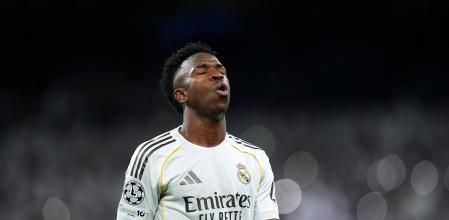 MADRID, SPAIN - FEBRUARY 25: Vinicius Junior of Real Madrid reacts at full time following victory during the UEFA Champions League 2025/26 League Knockout Play-off Second Leg match between Real Madrid C.F. and SL Benfica at Estadio Santiago Bernabeu on February 25, 2026 in Madrid, Spain. (Photo by Angel Martinez/Getty Images)