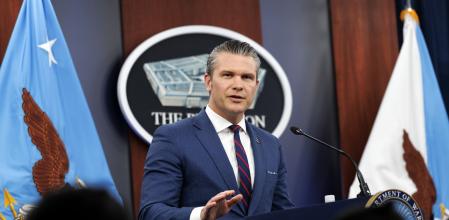 El secretario de Defensa de Estados Unidos, Pete Hegseth, durante su intervención esta mañana desde el Pentágono.&nbsp;