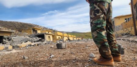 Edificio destruido ayer por un dron iraní contra un cuartel de los rebeldes kurdos iraníes en el Kurdistán iraquí&nbsp;