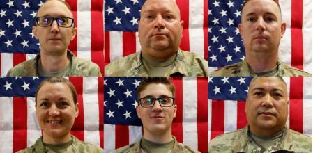 Los soldados, de izquierda a derecha y de arriba a abajo:Cody A. Khork y Noah L. Tietjens, Jeffrey O'Brien, Nicole M. Amor, Declan J. Coady, Declan Coady y Rovert Marzan.
