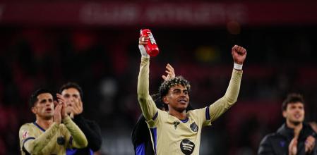 Barcelona's Lamine Yamal celebrates at the end of the Spanish La Liga soccer match between Athletic Bilbao and Barcelona in Bilbao, Spain, Saturday, March 7, 2026. (AP Photo/Miguel Oses)