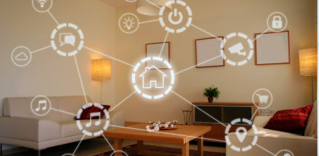 Salón moderno con dispositivos conectados que ilustran una casa inteligente o smart home