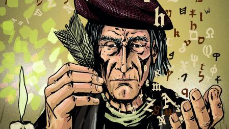 Nebrija, de edad avanzada, según la visión del ilustrador Agustín Comotto, que tuvo que dibujar al personaje, desde que era menor, hasta la vejez