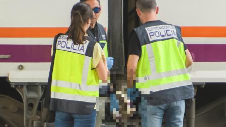 Agentes del Cuerpo Nacional de Policía junto al cuerpo de una persona que ha sido hallado este lunes entre dos vagones de un tren en la estación de Santa Justa de Sevilla, donde el pasado jueves desapareció el joven cordobés de 18 años Álvaro Prieto.