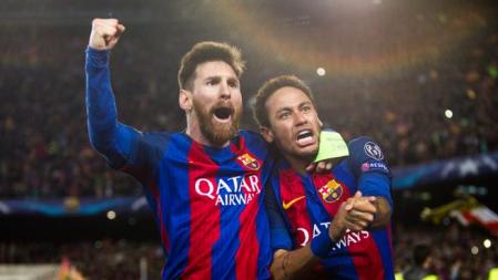 Champions League Barcelona- Paris Saint Germain. Messi y Neymar Celebran despúes del partido