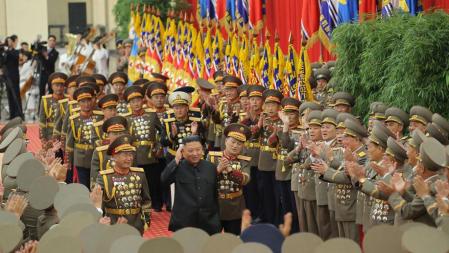 This picture taken on July 24, 2021 and released from North Korea's official Korean Central News Agency (KCNA) on July 30, 2021 shows North Korean leader Kim Jong Un taking part in the First Workshop of KPA Commanders and Political Officers, at April 25 House of Culture in Pyongyang. (Photo by STR / KCNA VIA KNS / AFP) / South Korea OUT / ---EDITORS NOTE--- RESTRICTED TO EDITORIAL USE - MANDATORY CREDIT 
