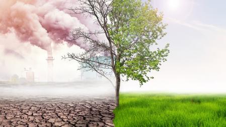 Montaje alegórico del impacto ambiental de actividades humanas como la emisión de gases de efecto invernadero y la sobreexplotación de recursos .