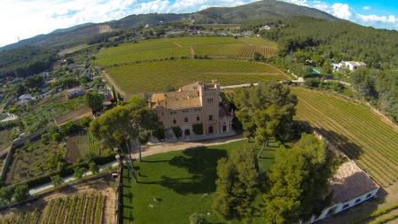 Foto aérea de la bodega y viñedos de Torre del Veguer