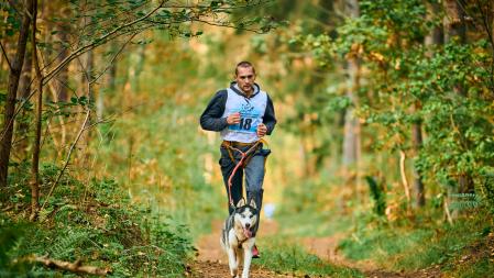 Un hombre practicando canicross