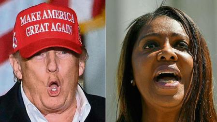 (COMBO) This combination of pictures created on January 19, 2022 shows, former US President Donald Trump speaking during a rally in Florence, Arizona, on January 15, 2022; and New York Attorney General Letitia James speaking outside of the US Supreme Court in Washington, DC on April 23, 2019. - James said her investigation into Trump's family business had uncovered