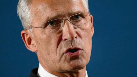 BERLIN, GERMANY - AUGUST 26: NATO Secretary General Jens Stoltenberg speaks to the media upon his arrival at a meeting of European Union member states defence ministers on August 26, 2020 in Berlin, Germany. The meeting, which is taking place as part of Germany's head of the rotating presidency of the European Council, is the first such meeting taking place with participants in person since begin of the coronavirus pandemic. (Photo by Sean Gallup/Getty Images)