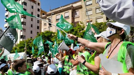 Varios cientos de personas luciendo chalecos verdes de la Asociación de Jóvenes Agricultores, usuarios y regantes del Tajo-Segura y representantes políticos se han concentrado en Alicante ante la Subdelegación