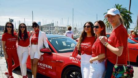 Julie Brangstrup, Sharlely Becker, Jackie Cruz, Rachel Zeilic, Gala Gonzalez, Jodie Kidd with Porsche Taycan at Cash&Rocket car display