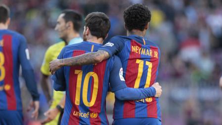 FOTO: MANÉ ESPINOSA. JORNADA 36 DE LIGA ENTRE EL FC BARCELONA Y EL VILLARREAL. MESSI, AUTOR DEL SEGUNDO GOL JUNTO A NEYMAR