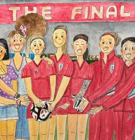 Los personajes de las tres Tietes de Susi Chin posan con las jugadoras españolas campeonas del mundo de fútbol.