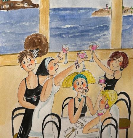 Amigas disfrutando de una cena entre risas.