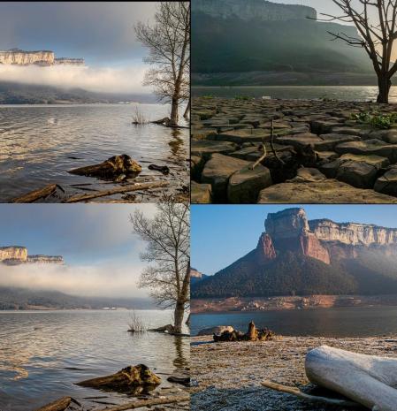 La comparativa ilustrativa de la gran transformación del pantano de Sau entre 2023 (con la sequía) y 2026 (con las lluvias de enero).