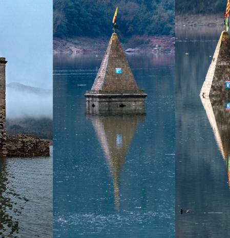 Espectacular el cambio que ha realizado en pocos días el pantano de Sau (Osona): A la izquierda, el día 17 de diciembre; en medio, el 29 de diciembre; y a derecha vemos la imagen del 3 de enero.