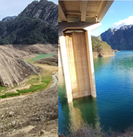 Comparativa del aspecto del pantano de la Llosa del Cavall en febrero de 2024 (izquierda), en plena sequía; y en febrero de 2026 (derecha), al 95% lleno.