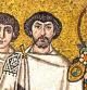 Belisario, en el centro, con el emperador Justiniano a la derecha, en un mosaico de San Vitale, Rávena