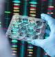 DNA Research, Scientist holding up a multi well plate containing DNA samples with results on the computer screen