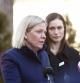 Finnish Prime Minister Sanna Marin (R) and her Swedish counterpart Magdalena Andersson speak to the media, outside the Prime Minister's official residence Kesaeranta in Helsinki, Finland, on March 5, 2022. - The topics of the Prime Ministers' bilateral meeting include the security situation in Europe, economic issues and other topical EU affairs. (Photo by Roni Rekomaa / Lehtikuva / AFP) / Finland OUT