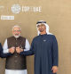 A handout picture provided by the UAE Presidential Court shows President of the United Arab Emirates Sheikh Mohamed bin Zayed Al Nahyan (R) and the United Nations Secretary-General Antonio Guterres (L) welcoming Prime Minister of India Narendra Modi, prior to the opening ceremony of the COP28 Summit at Dubai's Expo City on December 1, 2023. World leaders take centre stage at UN climate talks in Dubai on December 1, under pressure to step up efforts to limit global warming as the Israel-Hamas conflict casts a shadow over the summit. (Photo by Ryan CARTER / UAE PRESIDENTIAL COURT / AFP) / RESTRICTED TO EDITORIAL USE - MANDATORY CREDIT 