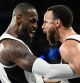 USA's #06 LeBron James (L) celebrates with USA's #04 Stephen Curry at the end of the men's semifinal basketball match between USA and Serbia during the Paris 2024 Olympic Games at the Bercy Arena in Paris on August 8, 2024. (Photo by Aris MESSINIS / AFP)