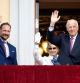 King Harald, Queen Sonja, and Crown Prince Haakon attending the His Majesty The King's Guard perform in Oslo