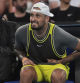 Nick Kyrgios of Australia reacts during his first round match against Jacob Fearnley of Britain at the Australian Open tennis championship in Melbourne, Australia, Monday, Jan. 13, 2025. (AP Photo/Ng Han Guan)