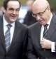 Los presidentes del Congreso, José Bono, y del Senado, Javier Rojo, charlan durante el acto solemne de izado de la bandera nacional, con motivo del Día de la Constitución, celebrado hoy en Madrid