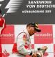 El piloto británico de McLaren Mercedes, Lewis Hamilton (c), celebra en el podio con el español de Ferrari, Fernando Alonso (i) y el australiano Mark Webber (d) el primero, segundo y tercer puesto, respectivamente, obtenidos en Gran Premio de Fórmula Uno disputado en el circuito de Nürburgring hoy domingo 24 de julio de 2011 en Nürburg, Alemania