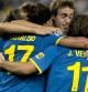 Los jugadores del RCD Espanyol celebran el gol, conseguido de penalti, durante el partido, correspondiente al Torneo Ciutat de Barcelona