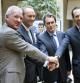 Los presidentes de Murcia, Ramón Luis Valcárcel, de la Comunidad Valenciana, Alberto Fabra, de Catalunya, Artur Mas, y de las Islas Baleares, José Ramón Bauzá, durante la cumbre organizada por la Asociación FERRMED que se ha celebrado hoy en Bruselas, para apoyar el proyecto ferroviario del Corredor Meditarráneo