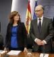 La vicepresidenta del Gobierno, ministra de la Presidencia y portavoz del Gobierno, Soraya Sáenz de Santamaría, junto a los ministros de Economía, Luis de Guindos; de Empleo y Seguridad Social, Fátima Báñez, y Hacienda, Cristóbal Montoro