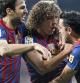 Los jugadores del F. C. Barcelona, Cesc Fábregas, Carles Puyol y Xavi Hernández, celebran el primer gol del equipo blaugrana