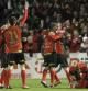 Los jugadores del Mirandés celebran la victoria ante el RCD Espanyol en la vuelta de los cuartos de final de la Copa del Rey