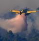 Un hidroavión lanza agua sobre el fuego en la zona de Darnius