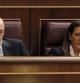 El secretario general del PSOE Alfredo Pérez Rubalcaba (i), junto a la portavoz parlamentaria socialista, Soraya Rodríguez, y el secretario general del grupo parlamentario socialista, Eduardo Madina (d), durante la sesión de control al Gobierno, esta mañana en el Congreso de los Diputados.