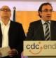 El secretario de Organización de CDC, Josep Rull, y el vicesecretario general de Coordinación Institucional, Lluís Corominas, en rueda de prensa este dilluns